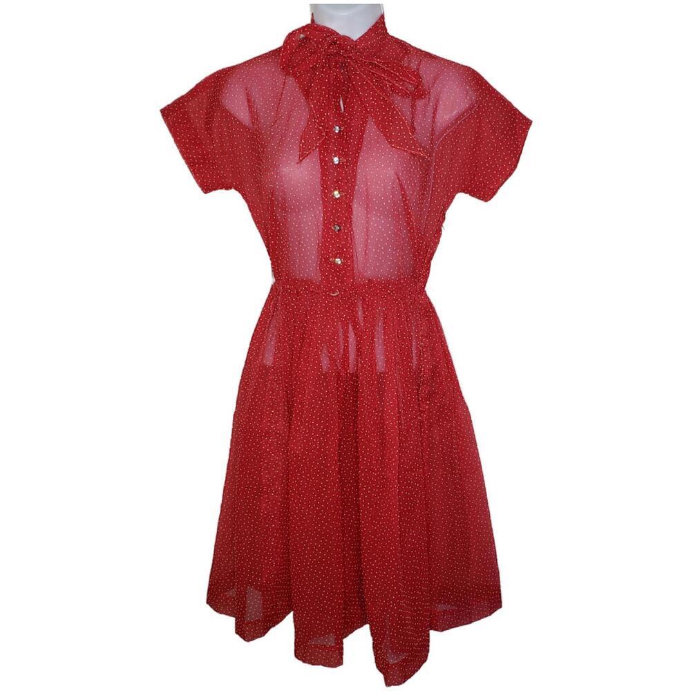 Vintage Unbranded Women's Small Sheer Red Polkadot Fit Flare Dress (1860)